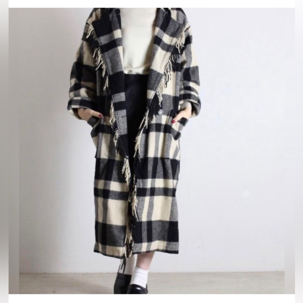 Vintage 90s L.L. Bean Plaid Fringe Wool Blanket Coat